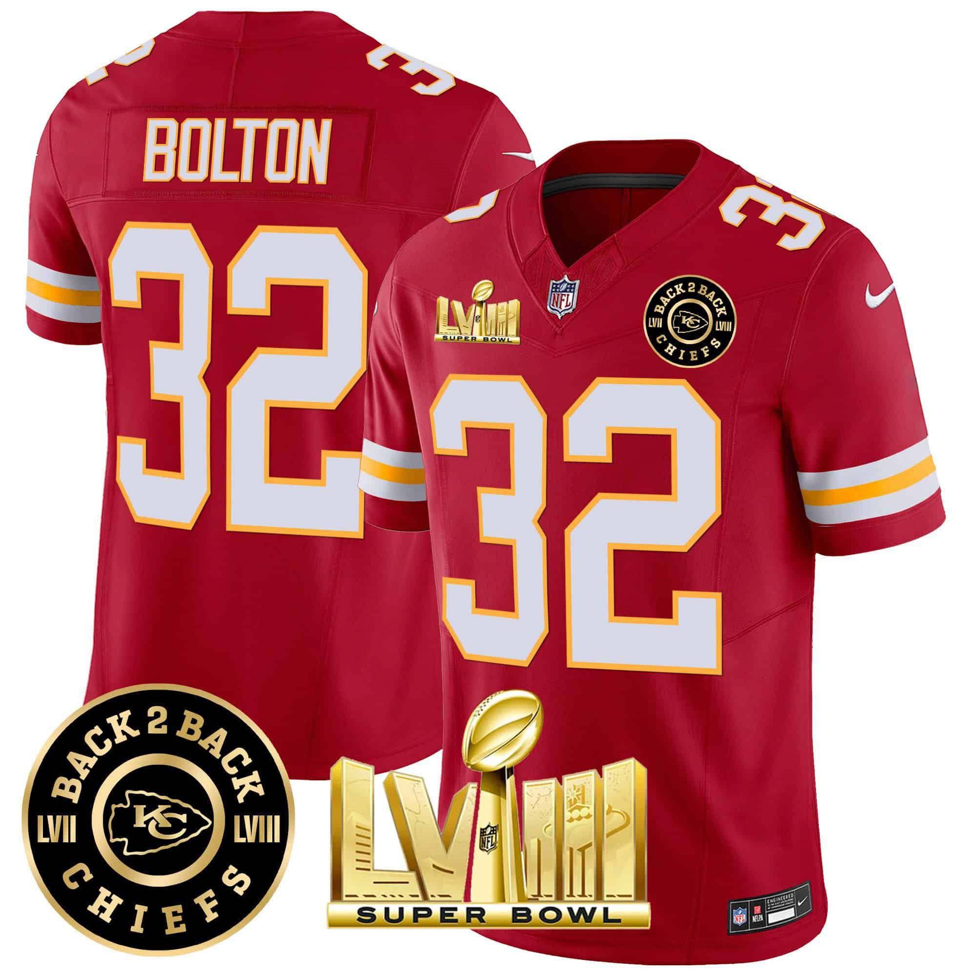 Men Kansas City Chiefs 32 Bolton Red 2024 Nike Super Bowl LVIII & Back 2 Back Patch Vapor NFL Jersey style 3
